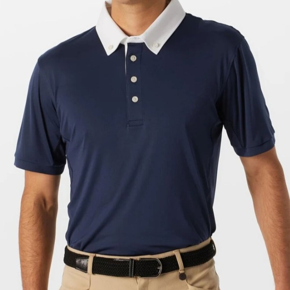 Ovation Equestrian Shirt MENS MED NAVY/White Short Sleeved Show Riding POLO NWT